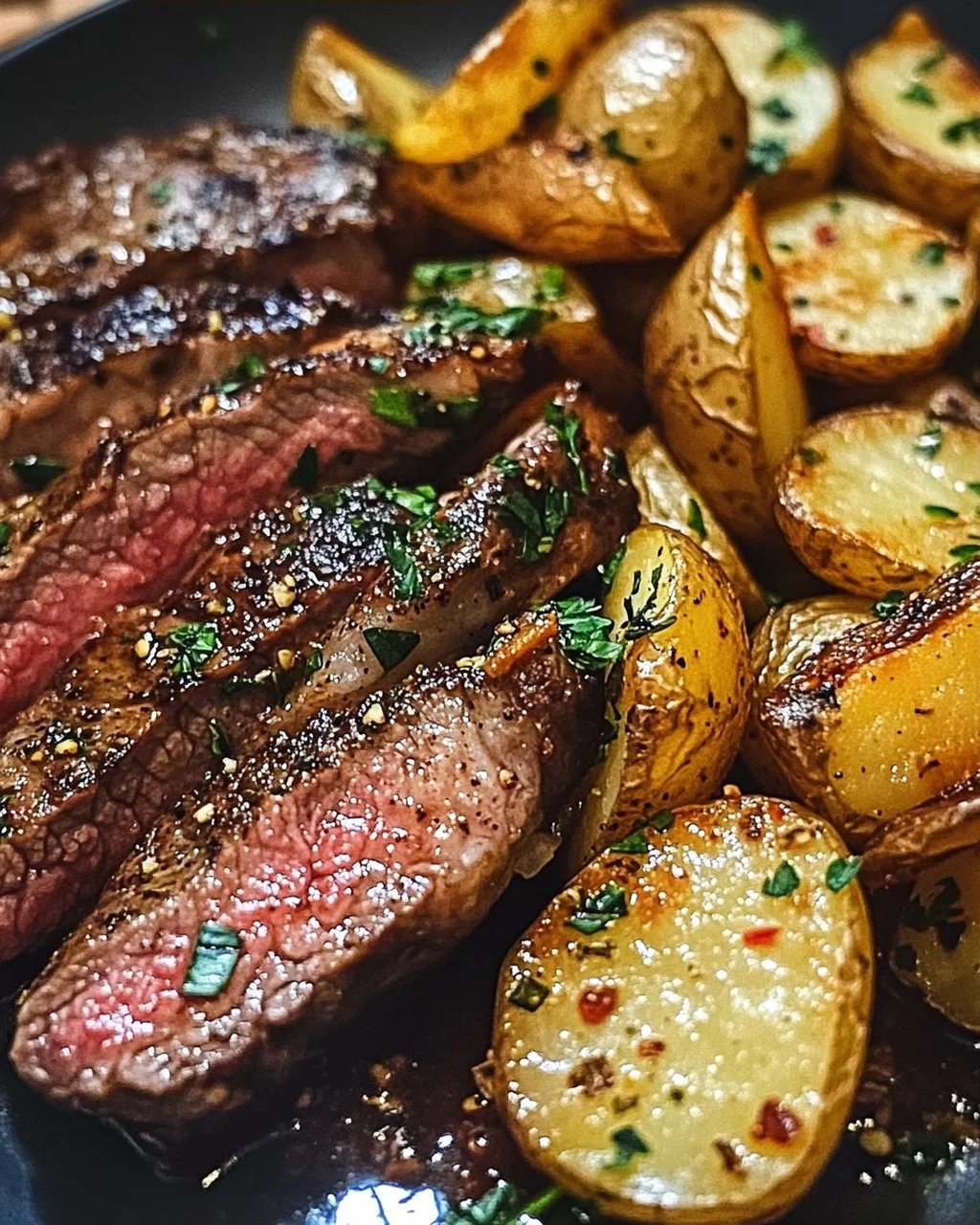 Knoblauchbutter Steak und Kartoffeln aus der Pfanne