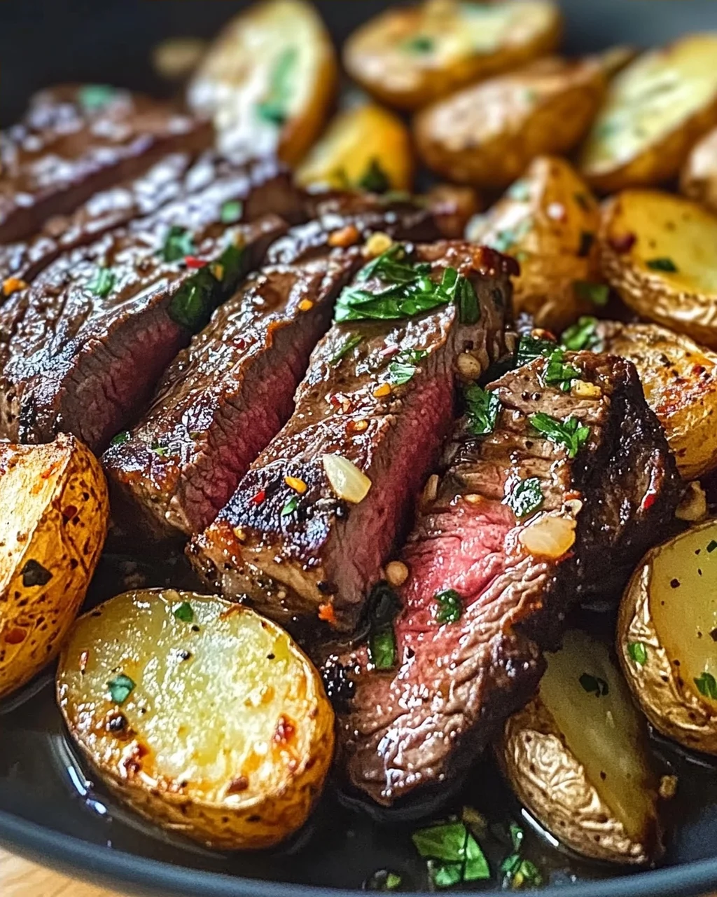 Knoblauchbutter Steak und Kartoffeln aus der Pfanne