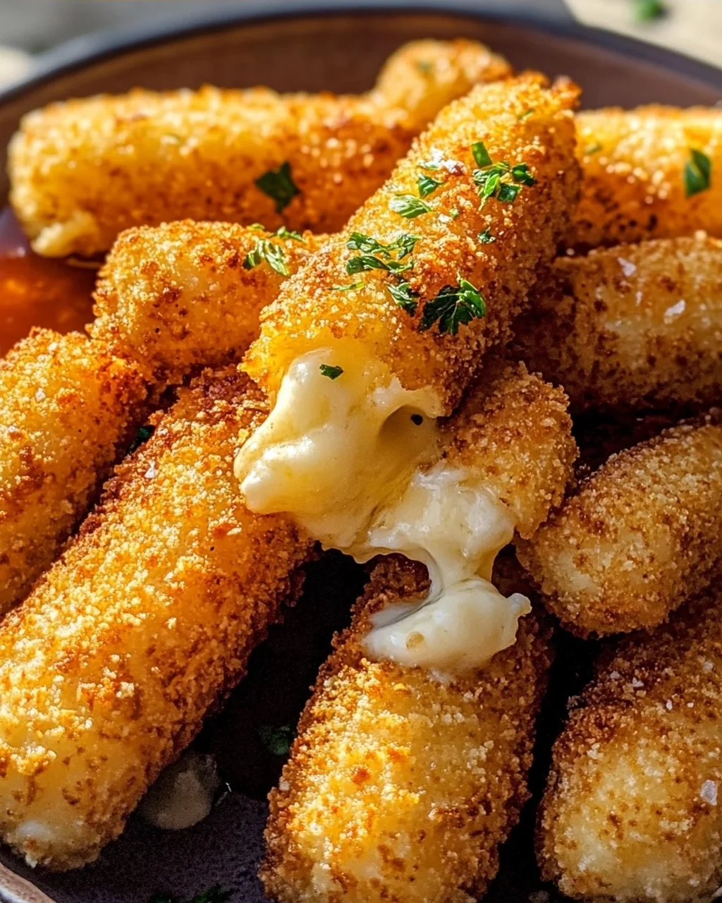 Schmelzender Goldener Heißluftfrittierter Mozzarella Traum