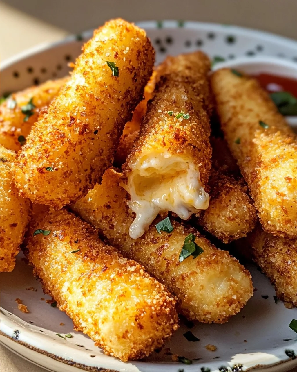 Schmelzender Goldener Heißluftfrittierter Mozzarella Traum