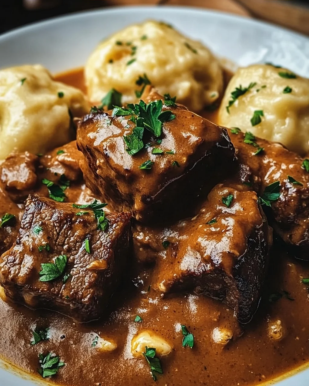 Butterzartes Rahmgulasch mit Serviettenknödel