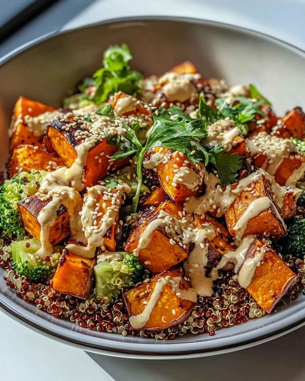 Gerösteter Süßkartoffel Quinoa Salat mit Sesam-Miso Sauce