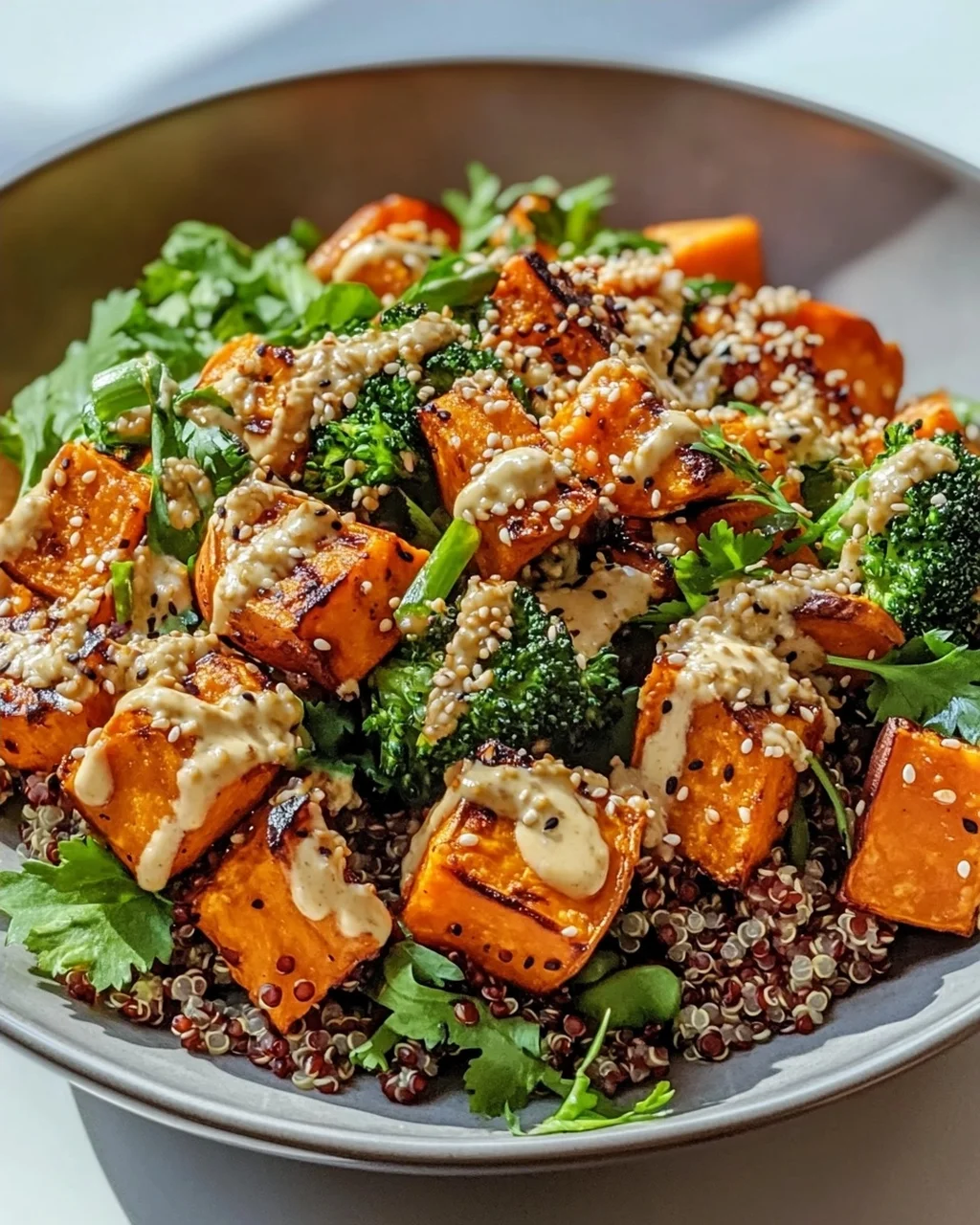 Gerösteter Süßkartoffel Quinoa Salat mit Sesam-Miso Sauce
