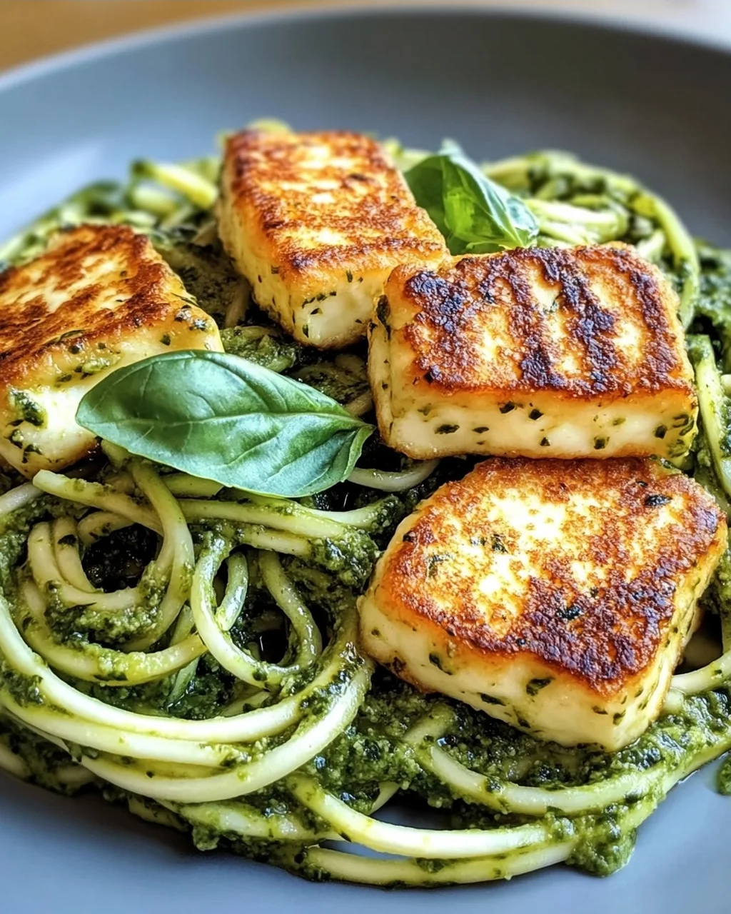 Halloumi mit Zucchini-Pesto-Nudeln