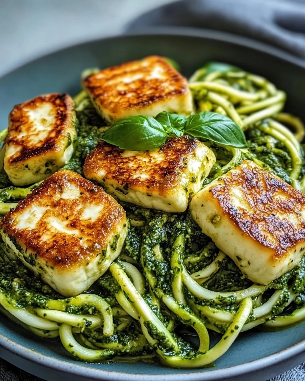 Halloumi mit Zucchini-Pesto-Nudeln