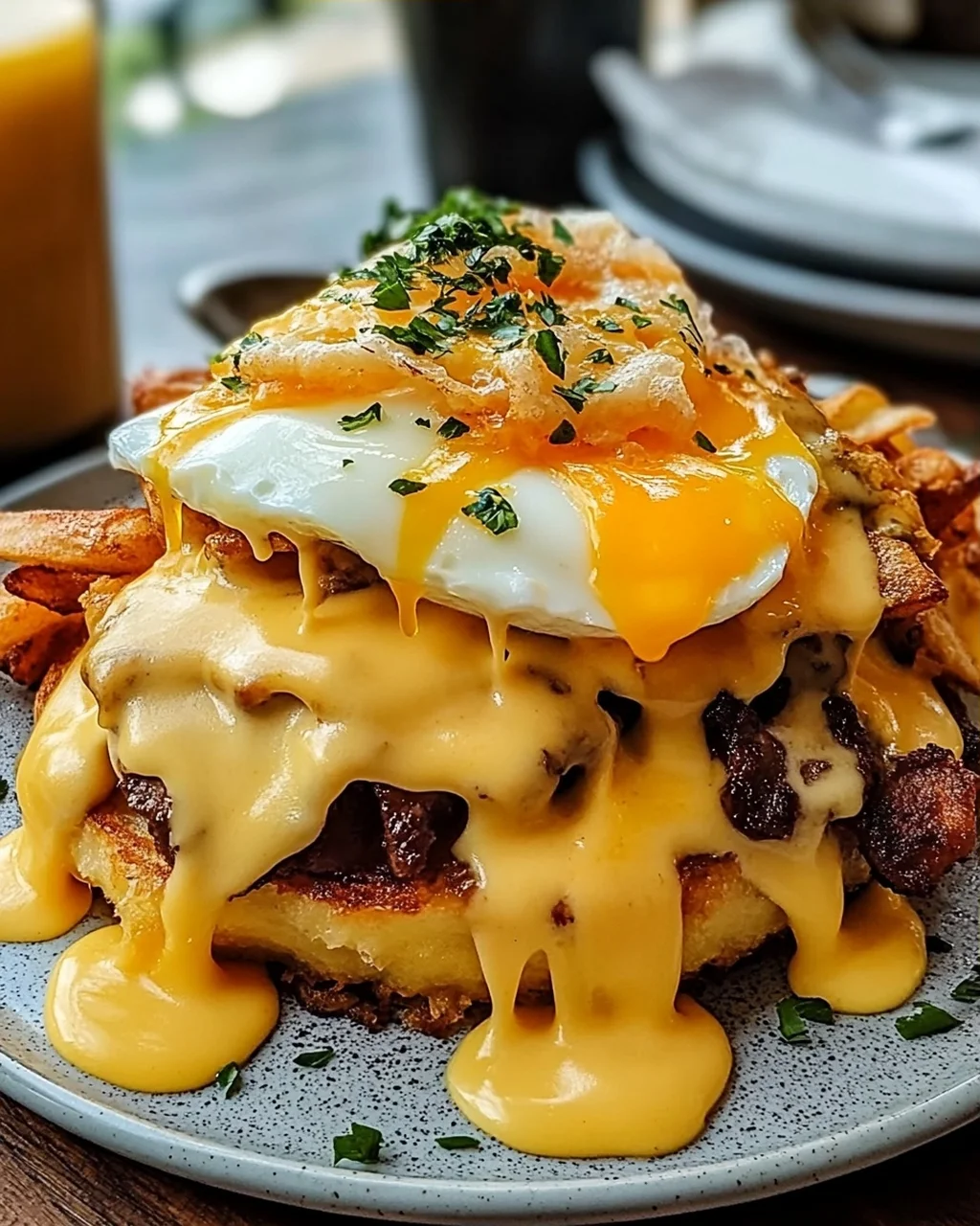 Köstliche Frühstücks Poutine mit cremiger Hollandaise.