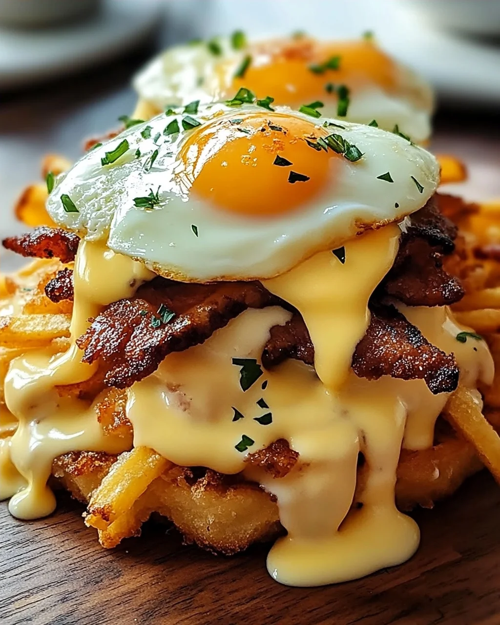 Köstliche Frühstücks Poutine mit cremiger Hollandaise.