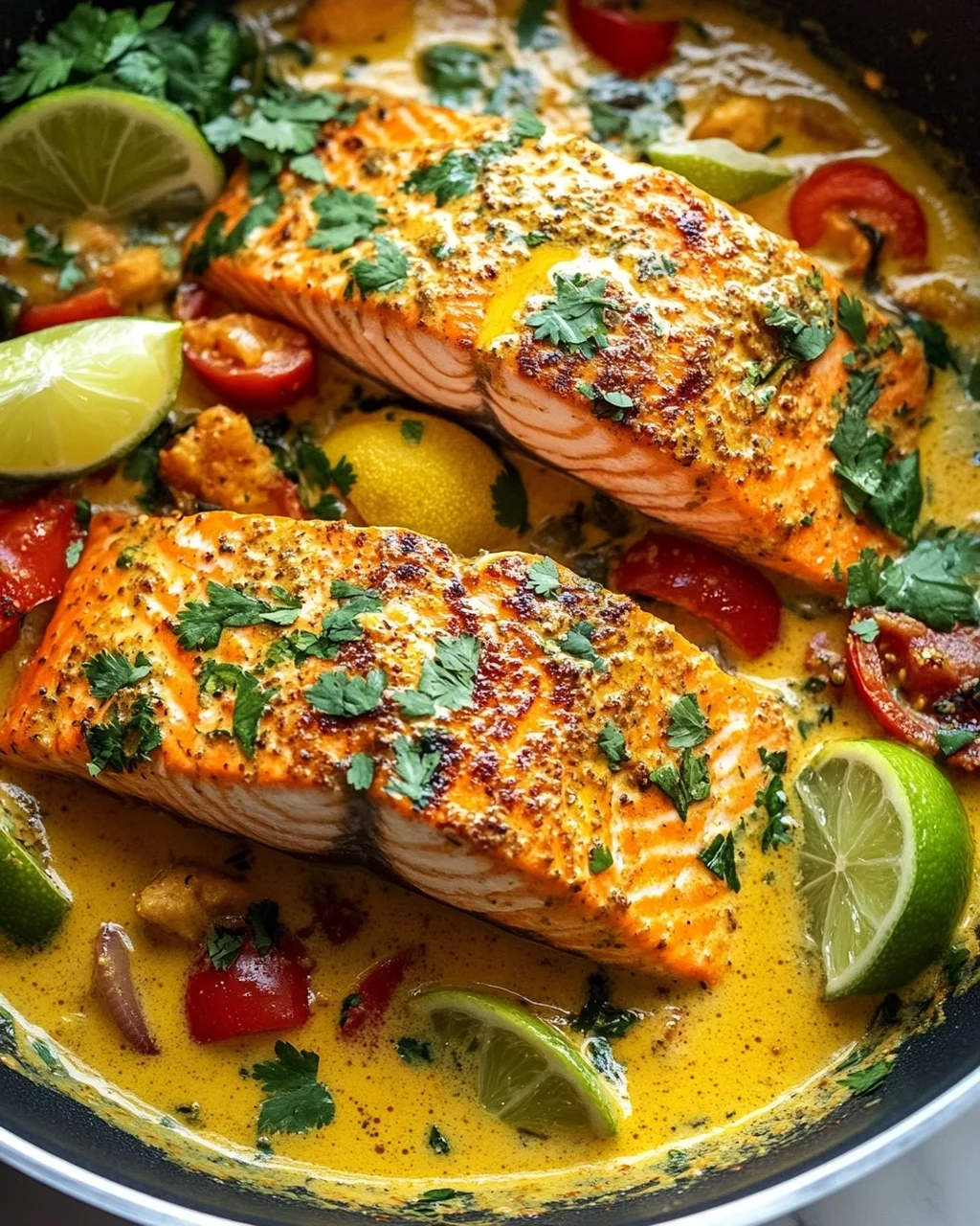 Köstlicher One Pan Kokos-Curry Lachs mit Knoblauchbutter