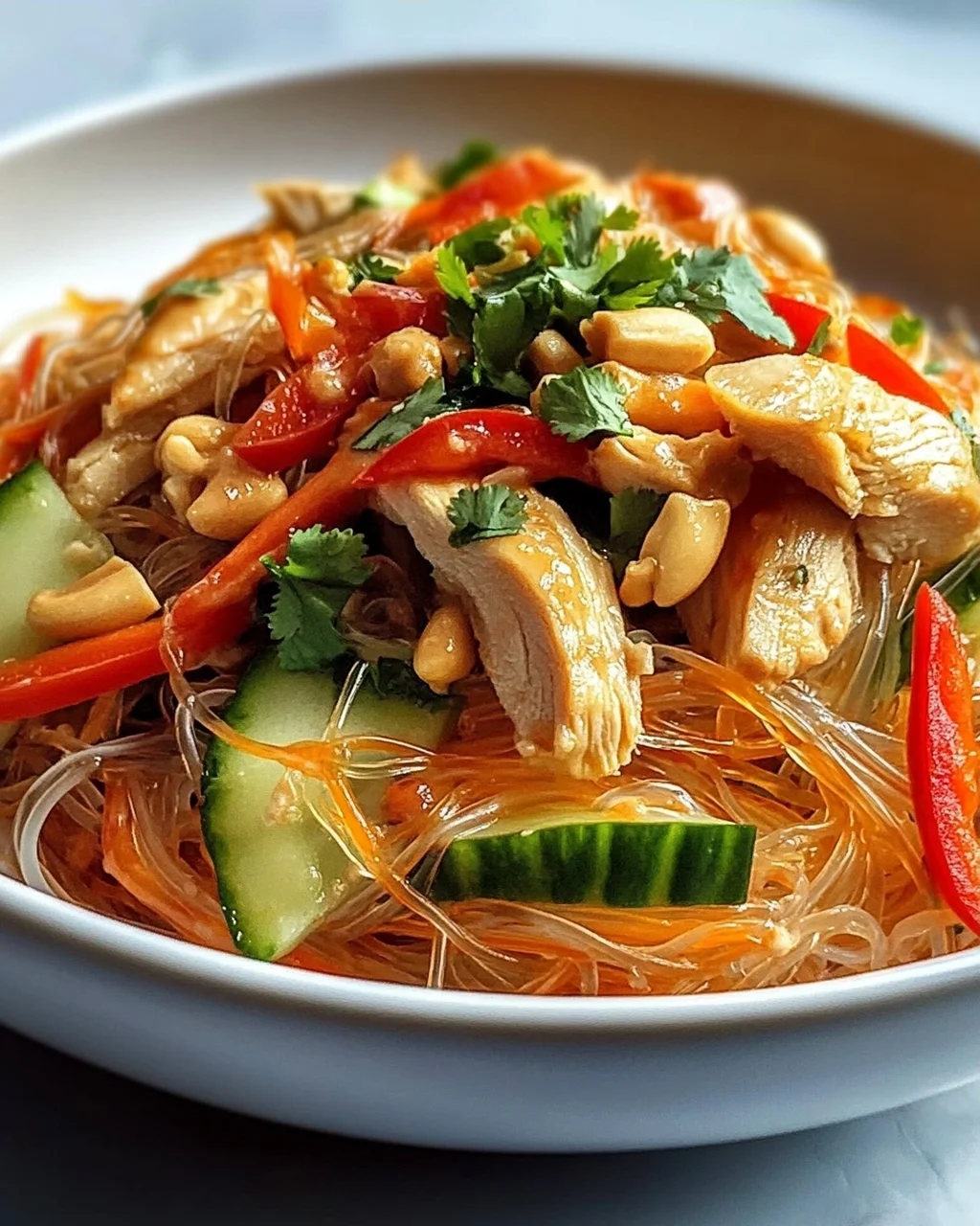Lauwarmer Glasnudelsalat mit Erdnusshähnchen