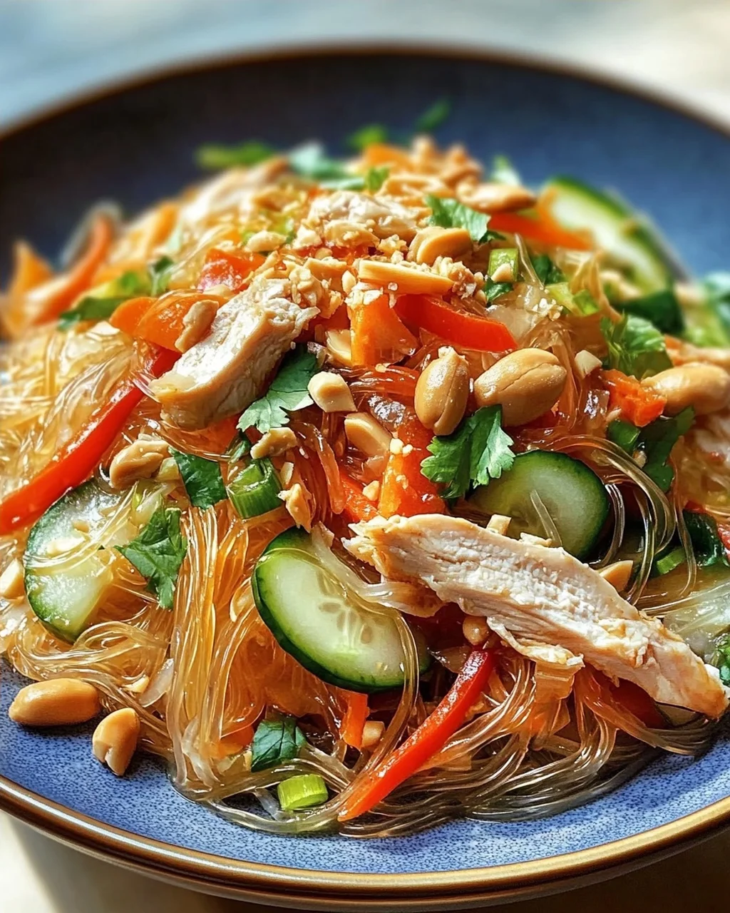 Lauwarmer Glasnudelsalat mit Erdnusshähnchen