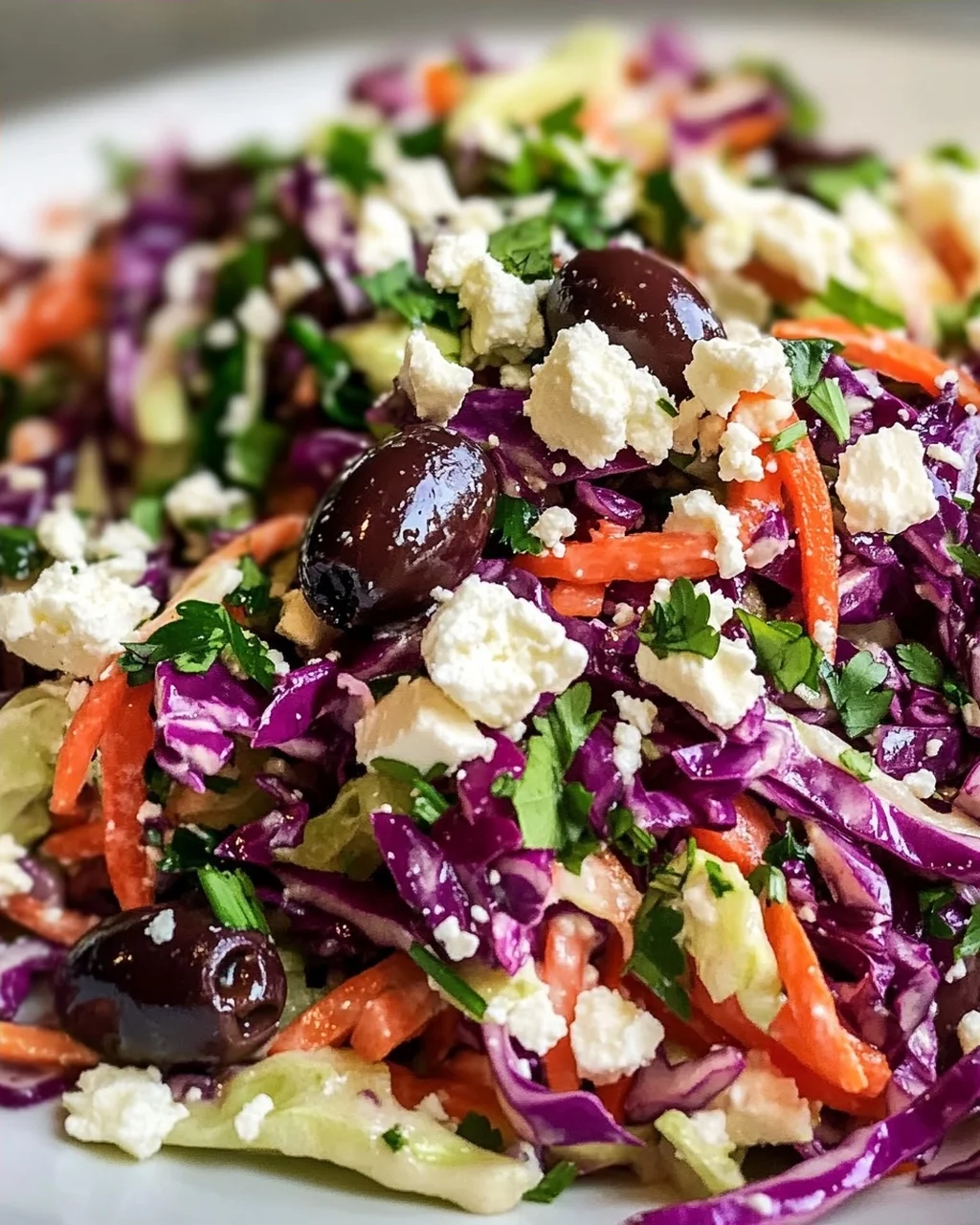 Mediterraner Slaw mit Feta, Oliven & frischen Kräutern