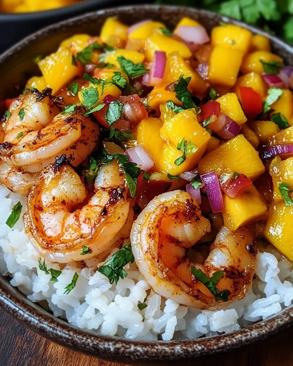 Pikante Garnelen und Mango Salsa Reisbowl