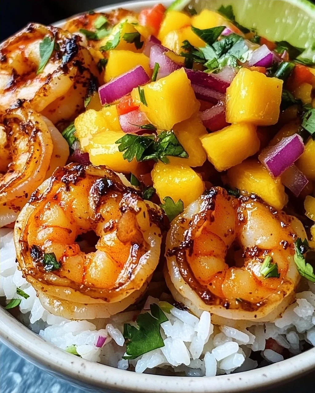 Pikante Garnelen und Mango Salsa Reisbowl