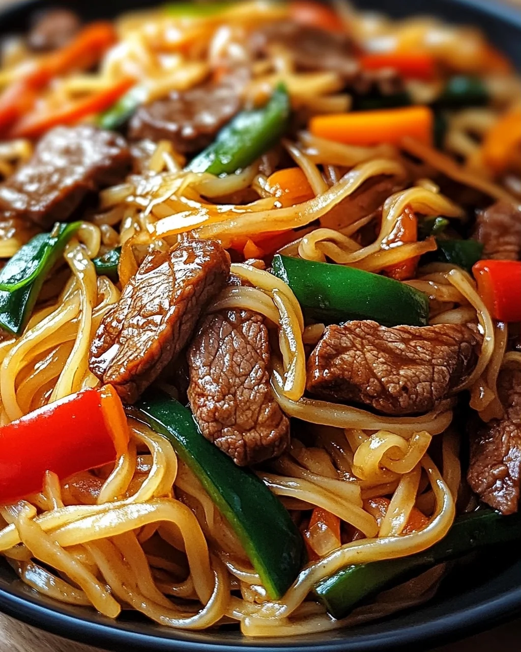 Reisnudeln mit Rindfleisch, Sojasauce und Gemüse