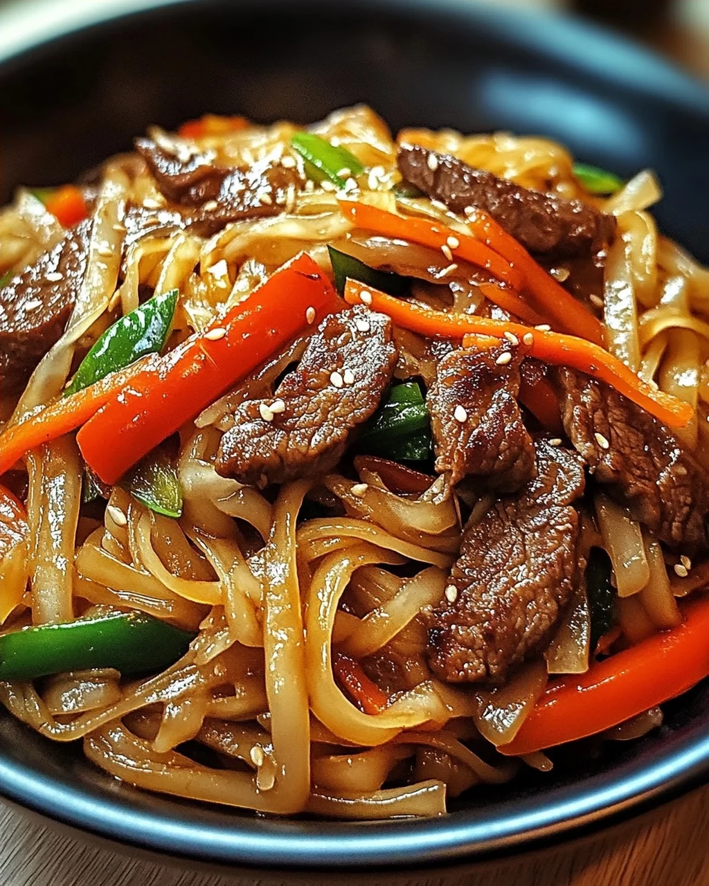 Reisnudeln mit Rindfleisch, Sojasauce und Gemüse