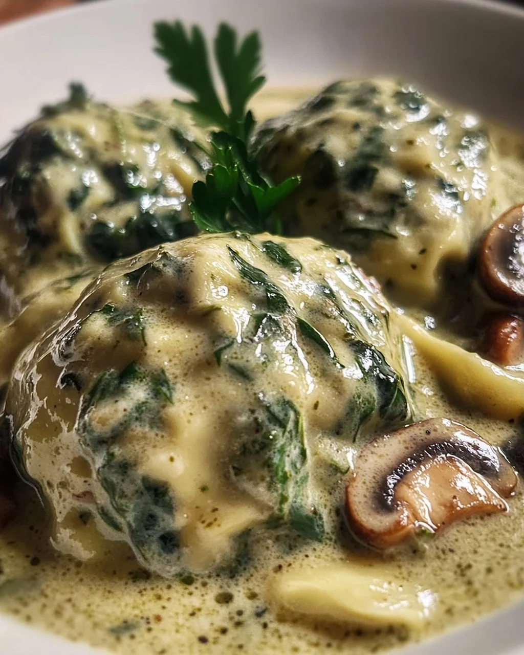 Südtiroler Spinatknödel mit Pilzrahm