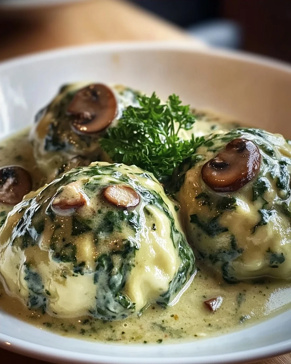 Südtiroler Spinatknödel mit Pilzrahm