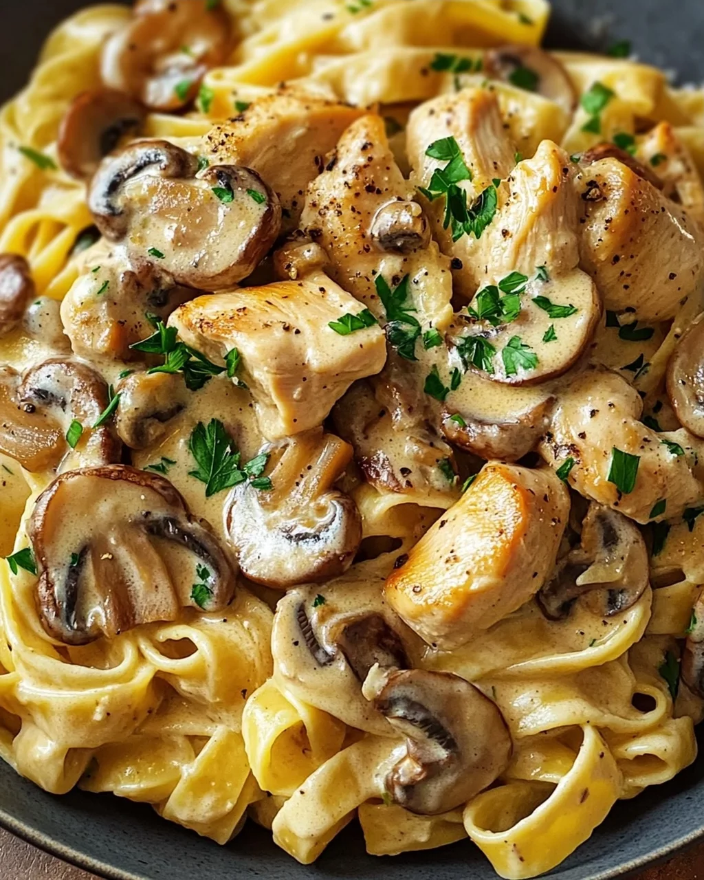 Tagliatelle mit Pilzen und Huhn in Sahnesosse