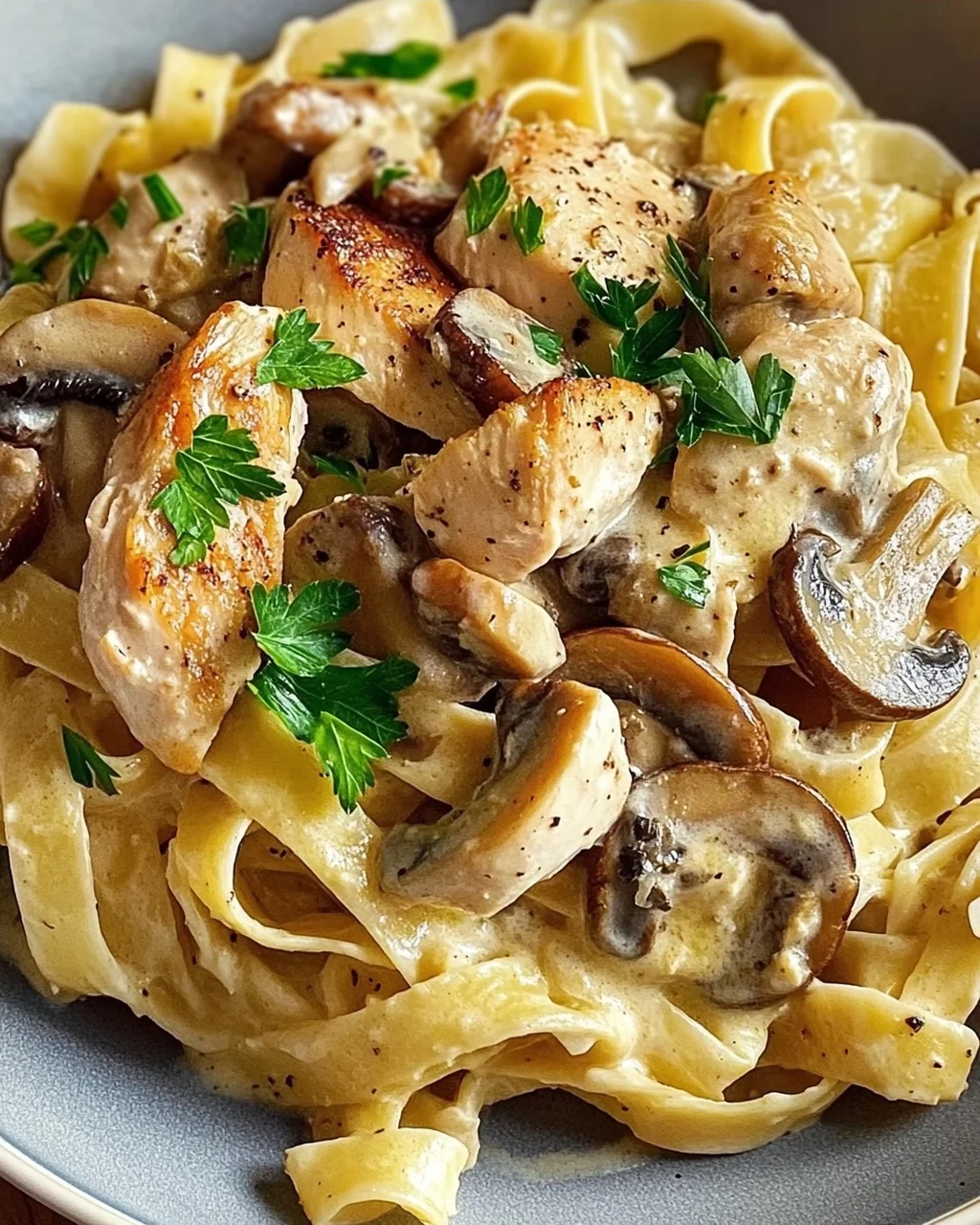 Tagliatelle mit Pilzen und Huhn in Sahnesosse
